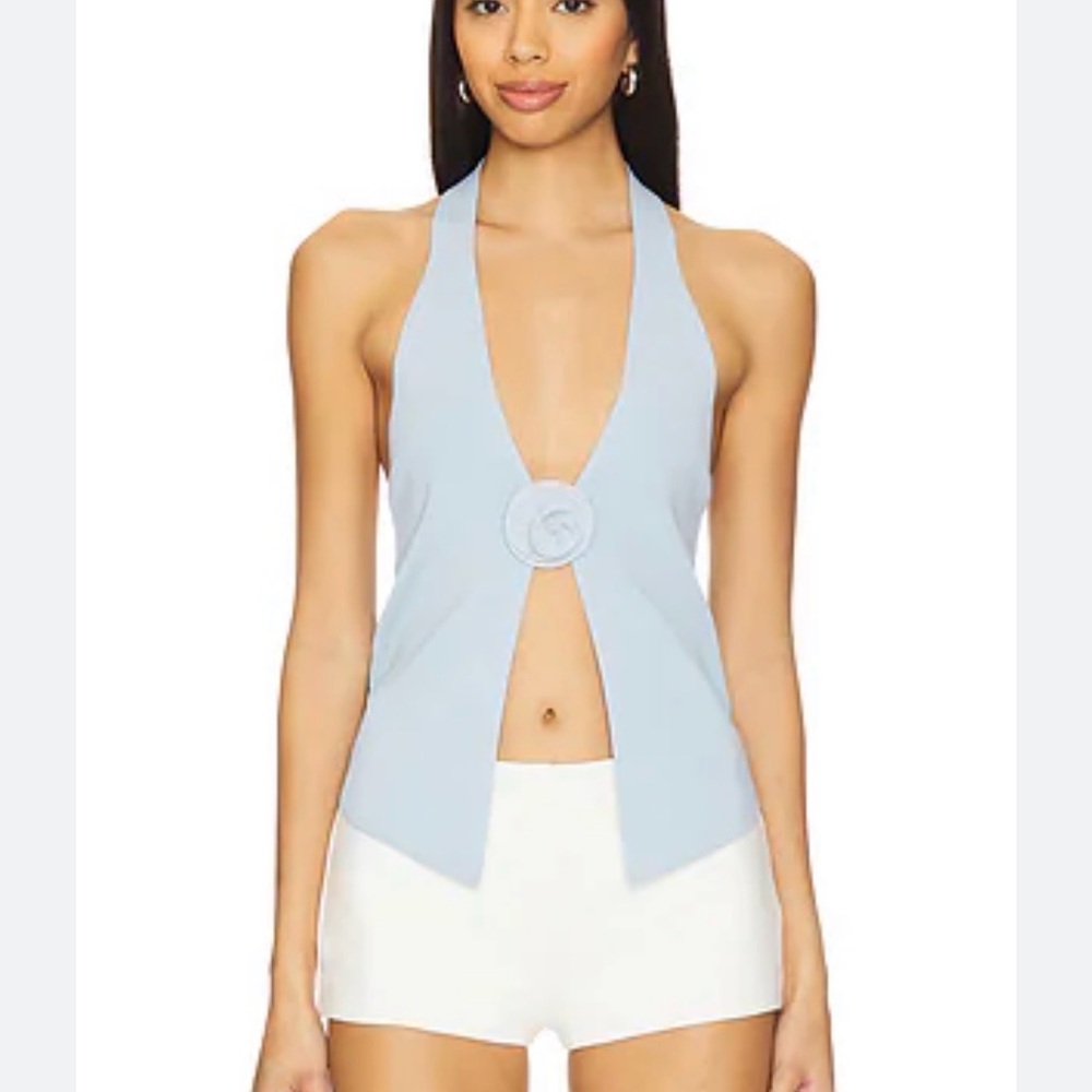 Light Blue Halter Tank Top with Front Rosette Accent
